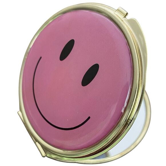 NEW Compact Magnifying Mirror Pink Happy Face Makeup Cosmetic Folding Portable - Picture 1 of 2